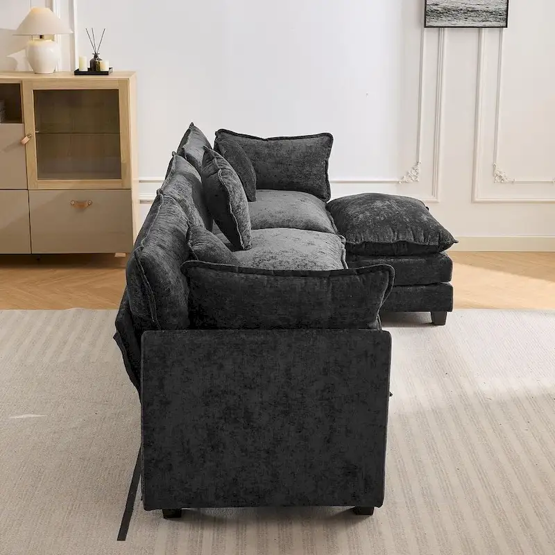 112 Modern L-Shape Chenille Upholstered Sofa with 5 Pillows