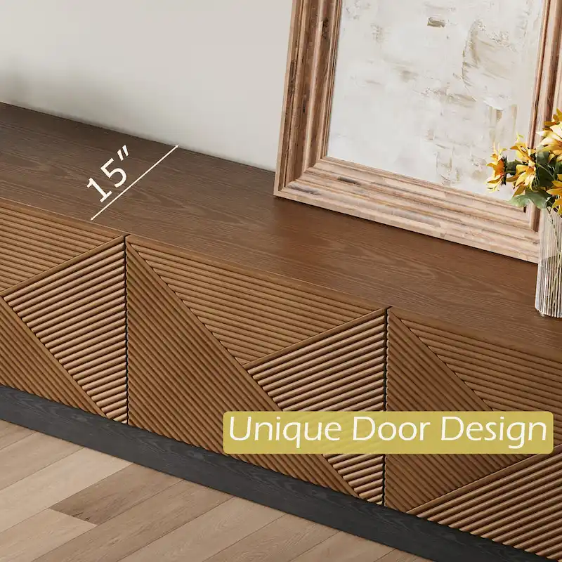 78.74  Mid Century Modern TV Stands, with Brown Solid Wood Veneer, Media Consoler with 4 Cabinets