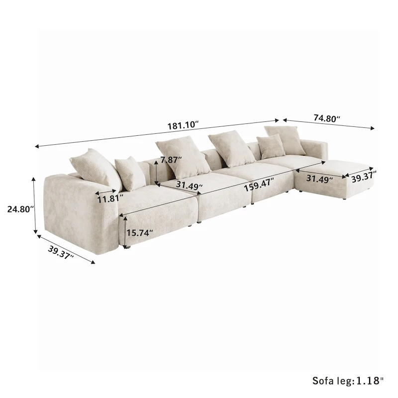 180 Leathaire Upholstered Sofa Modular Sectional Sofa with Ottoman