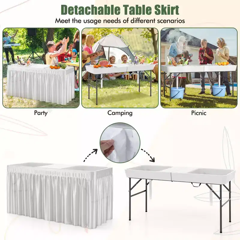 Costway 5 FT Foldable Ice Table w/Double-Sink Detachable Table Skirt Chilling Table