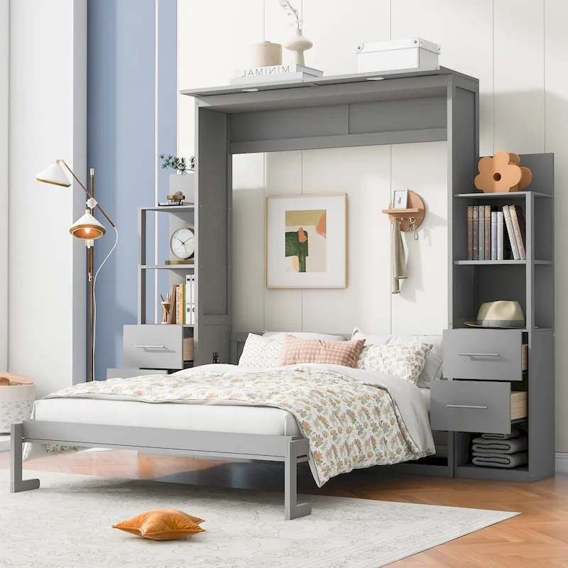 Murphy Bed Wall Bed with Shelves, Drawers and LED Lights