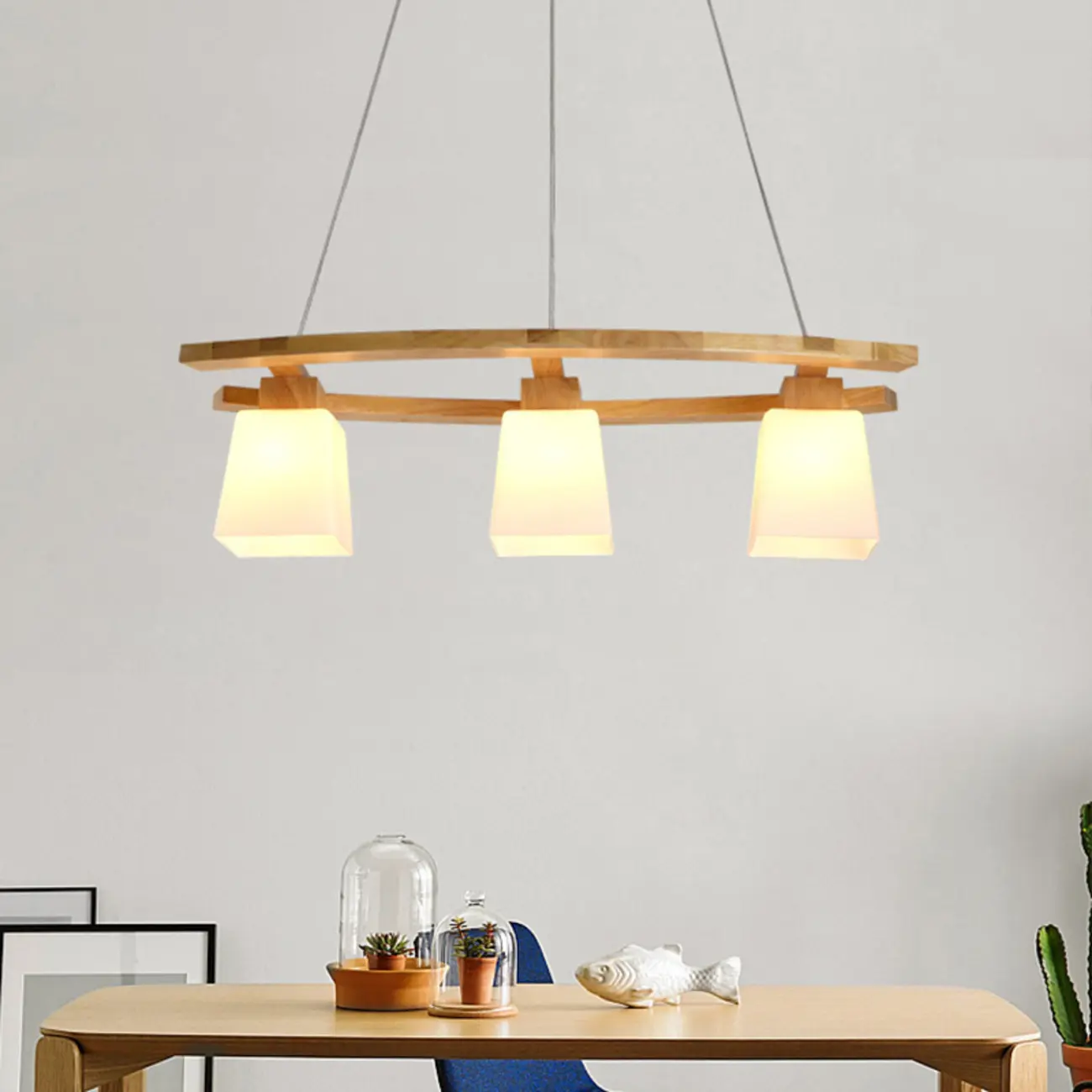 Modern 3-Light Wooden Glass Pendant Light Island Hanging