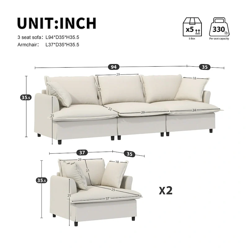 Modular Chenille Sectional Couch, Upholstered Sofa & 2 Armchairs