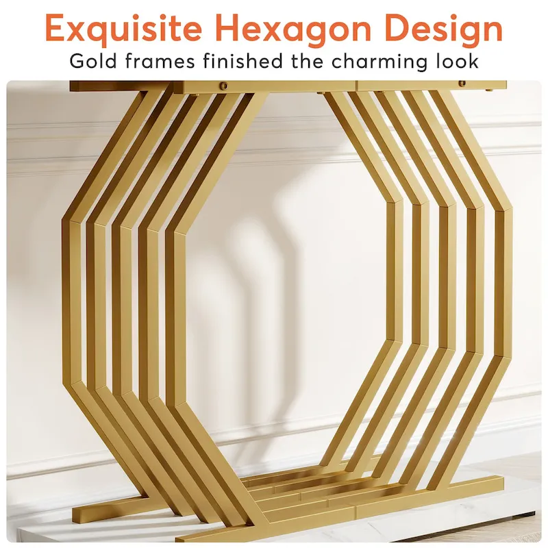 39.37  Gold Console Table, Modern White Marble Sofa Table with Geometric Metal Base