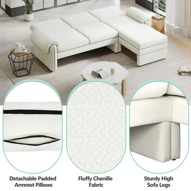 94.1 Chenille L-Shaped Futon Sofa with Adjustable Backrest & Reversible Chaise