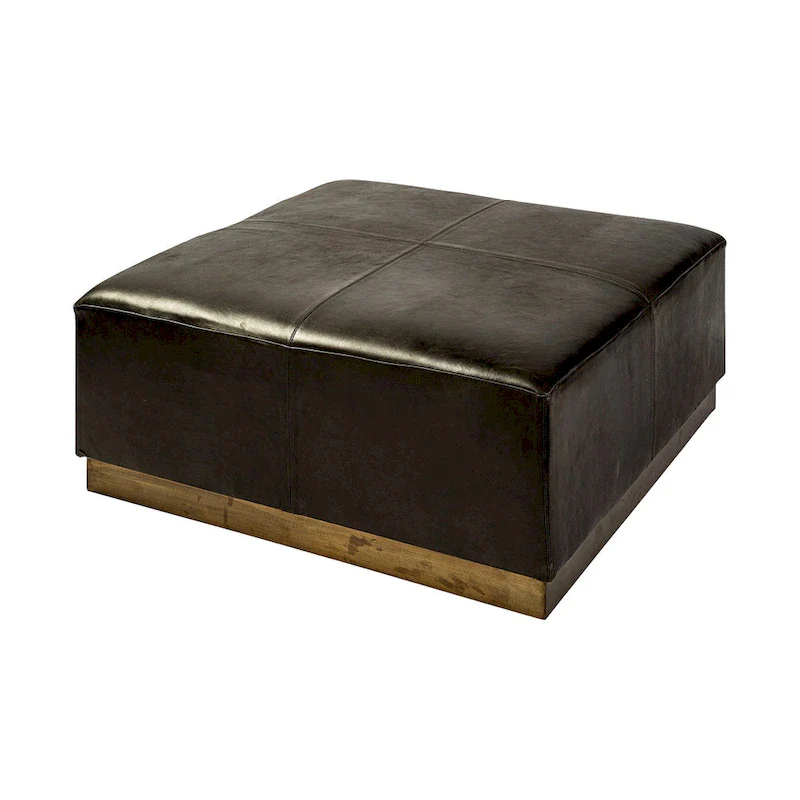 36 Square Ottoman Black Genuine Leather Top-Grain Upholstery Brass Metal Base Modern Living Room Furniture