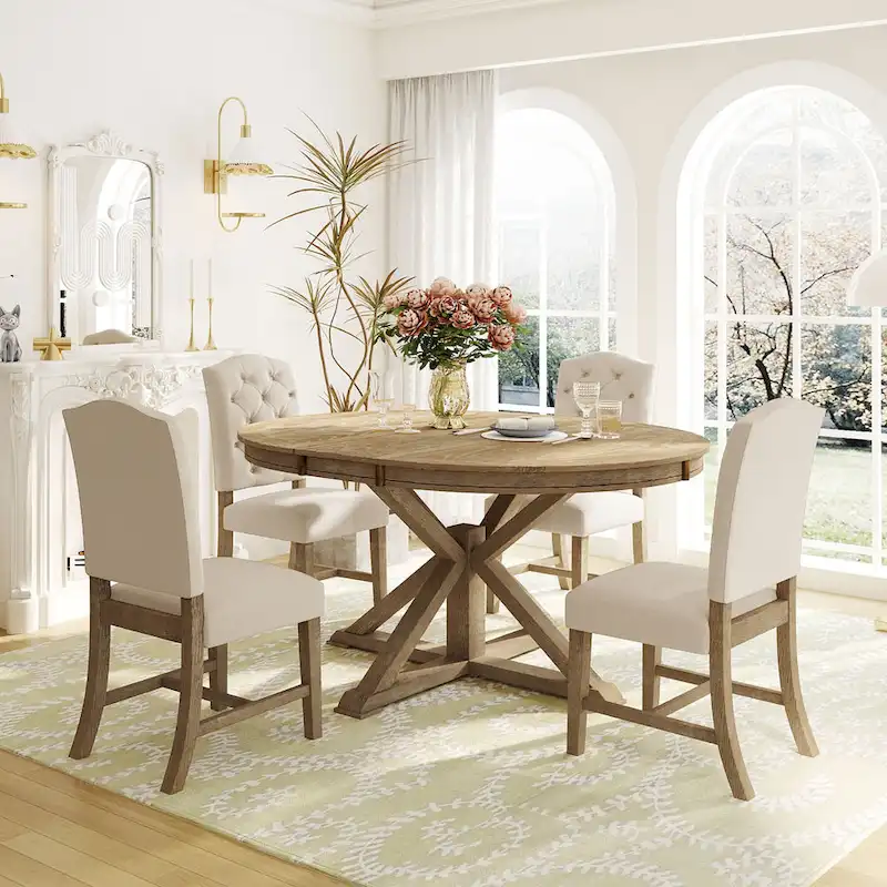 5 Pcs Wooden Round Dining Table Set, Kitchen Dining Table Chair Set with Extendable Table and 4 Upholstered Chairs