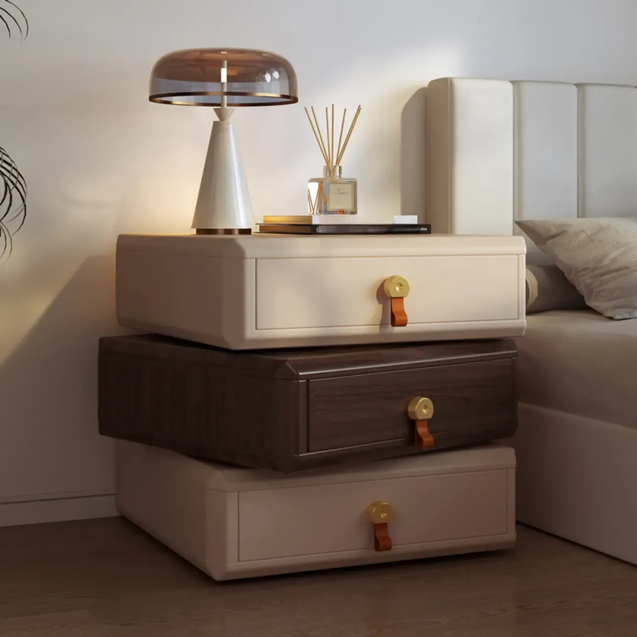 Creative Modern Swivel Beige Wooden 3 Drawers Nightstand