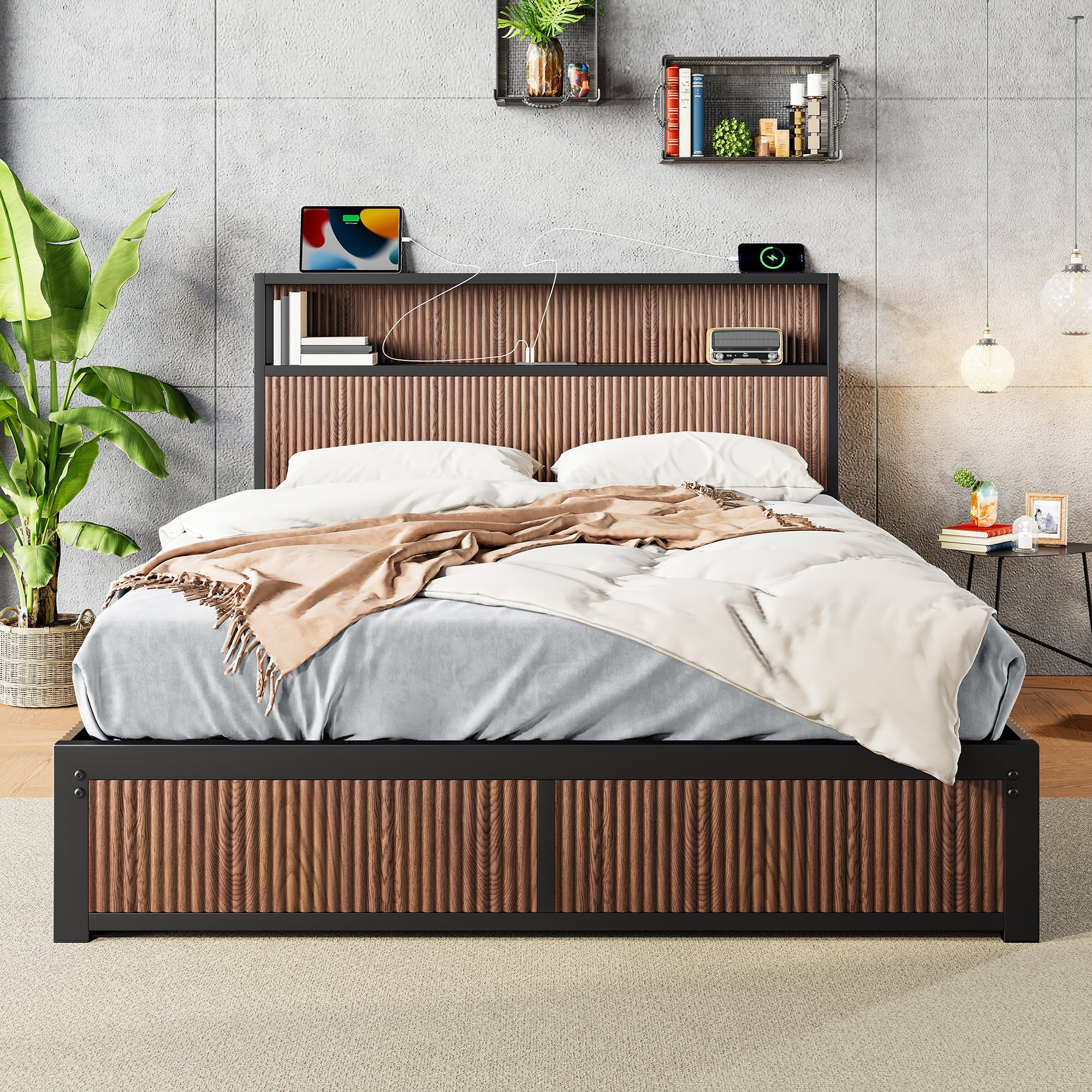 Walker Edison | Fluted Pattern Wood Queen Storage Bedframe