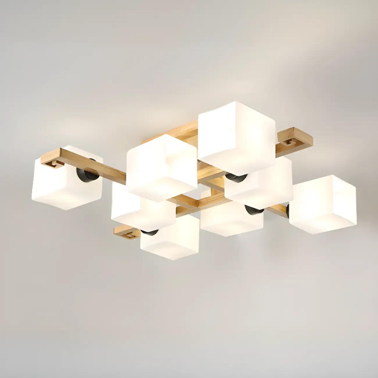8.5 Height Square Glass Natural Wood Semi Flush Ceiling Light