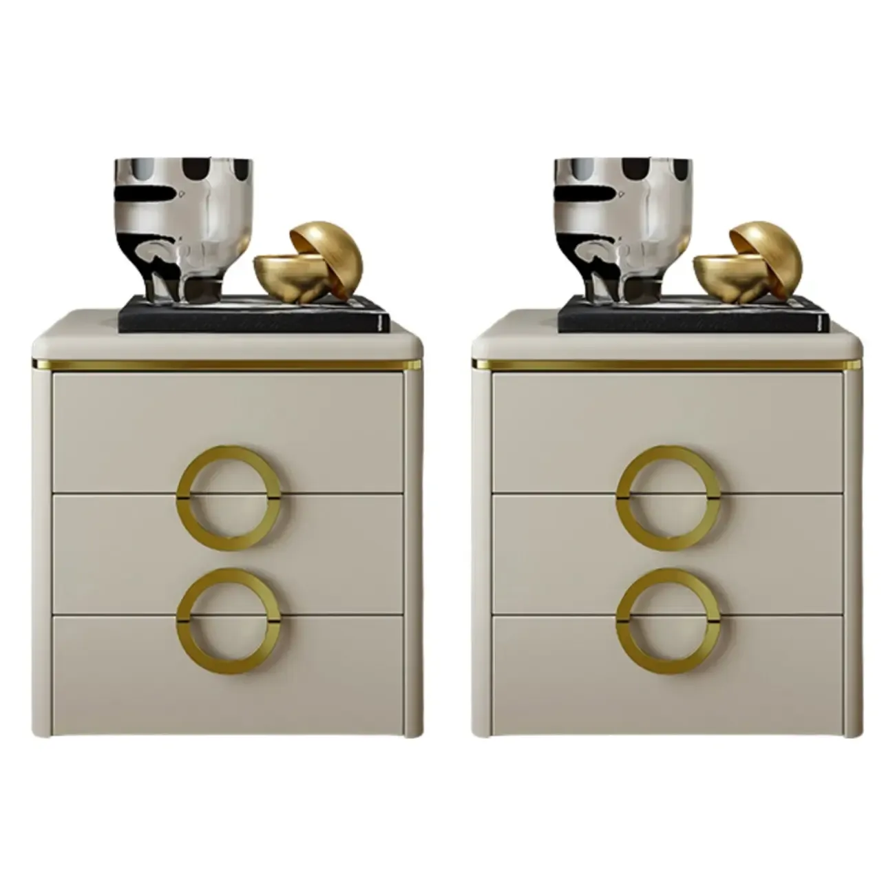 Elegant Faux Leather Metal Accent 3 Drawers Nightstand