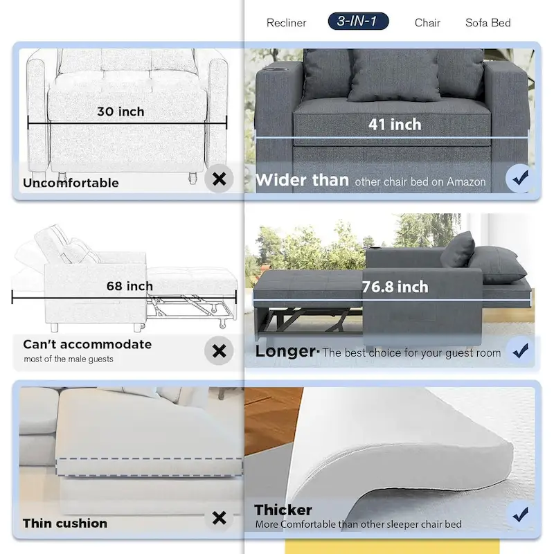 AECOJOY Adjustable Sleeper Chair Bed 3-in-1 Convertible Futon Sofa