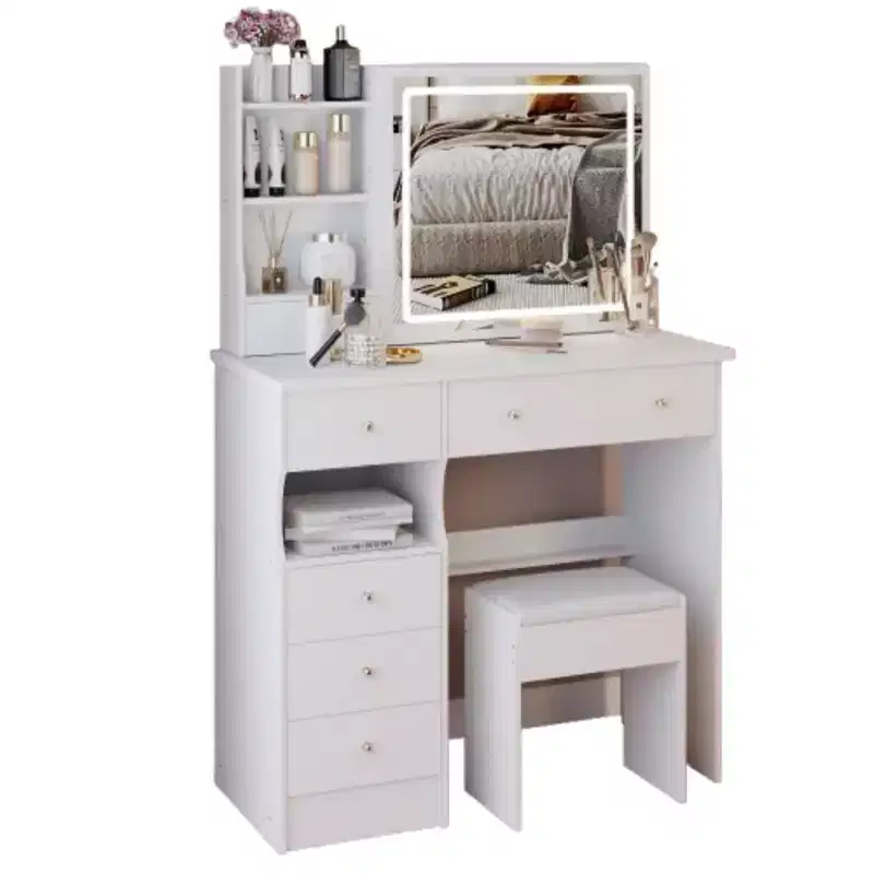 Homy Casa Vanity Table with Lighted Mirror and Stool, Small Space, Holiday Gift, White