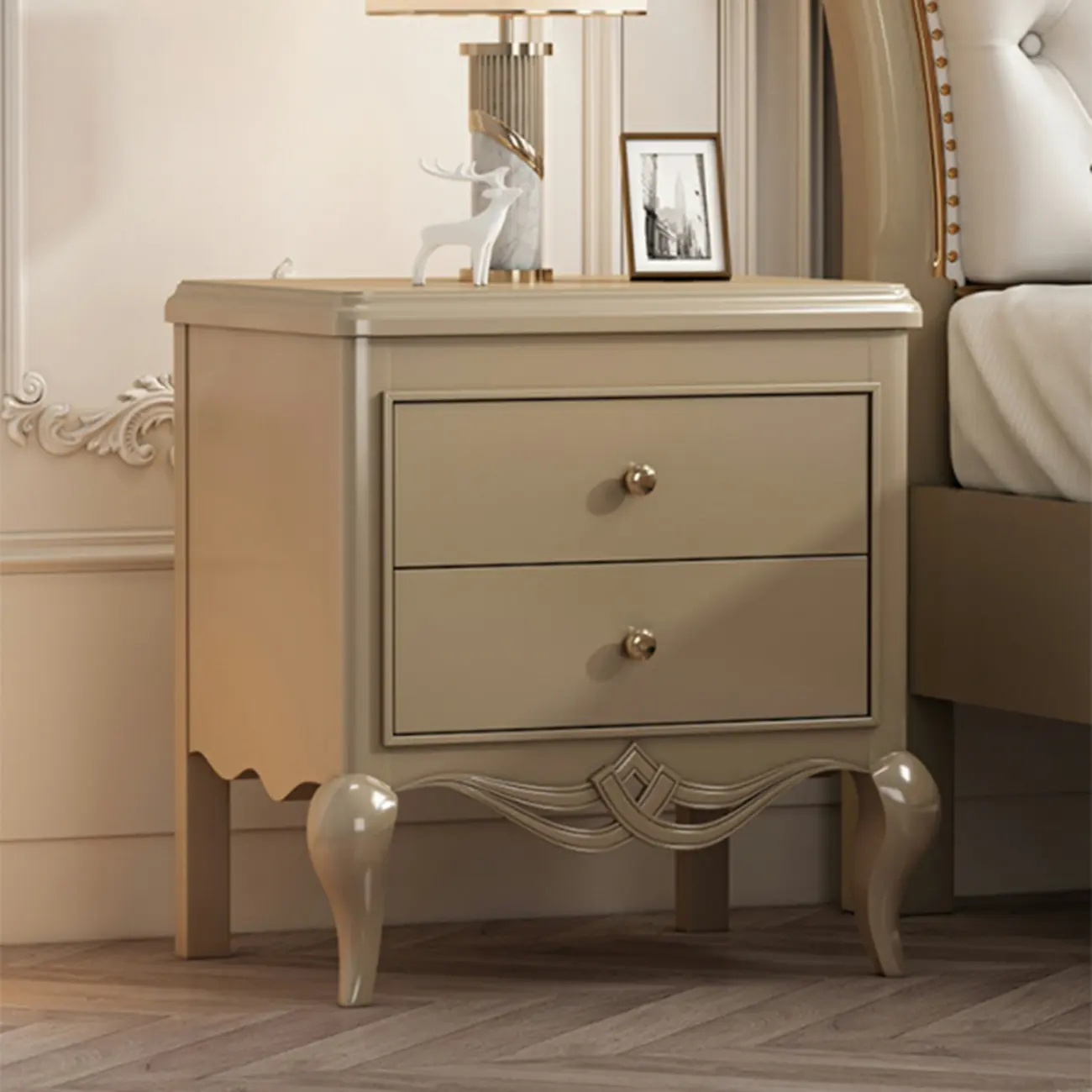 Glam Rubberwood White 2-Drawer Nightstand with Legs