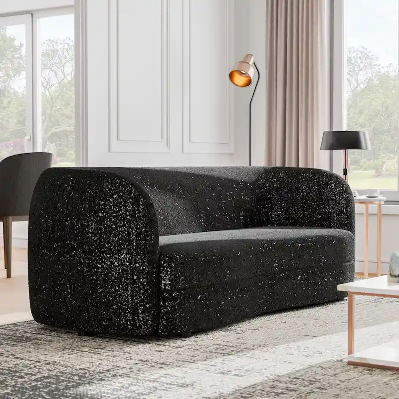 Modern Curved Arms Boucle Sofa Couch with Kidney Style Seat and Round Wooden Legs