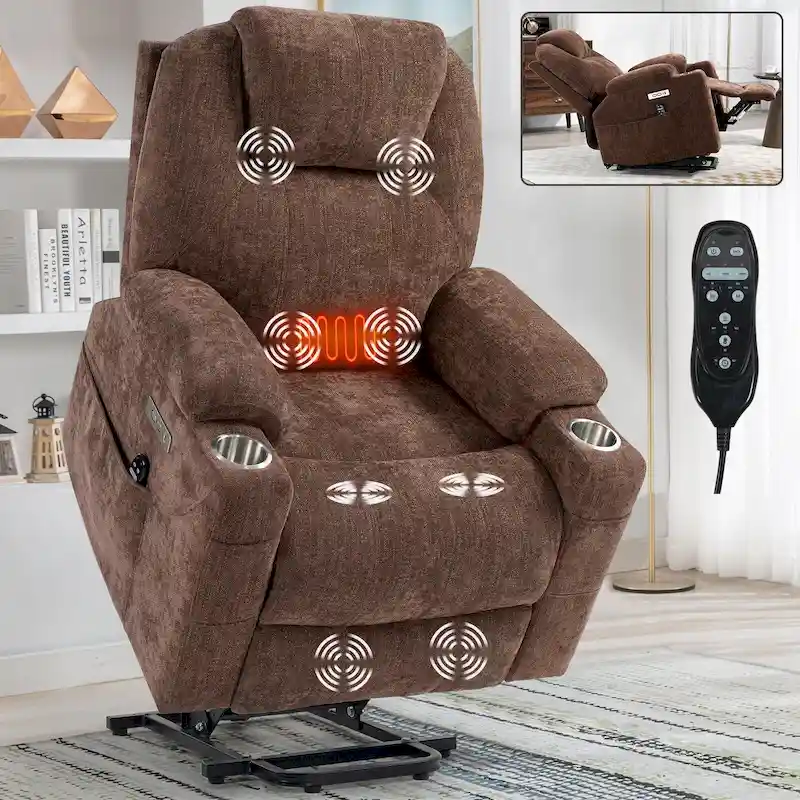 Lazy Boy Chenille Power Lift Recliner Chair, Modern Recliner Chair w/8-Point Vibration Massage, Lumbar Heating and Type-C Ports