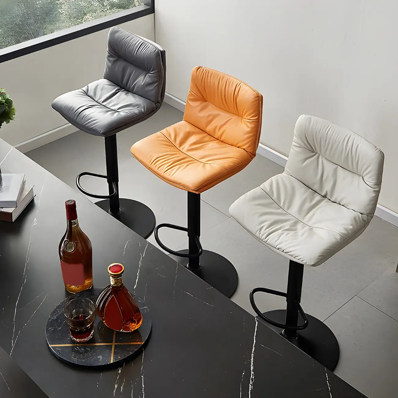 Modern Leather Saddle Swivel Adjustable Bar Stool