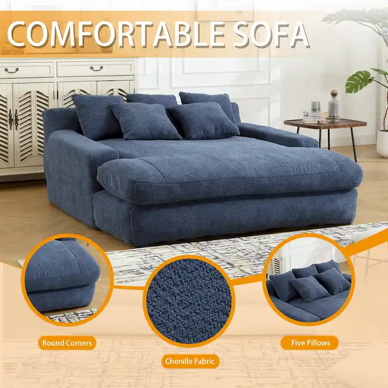 Chenille Upholstered 2-seater Deep Seat lazy sofa bed With 5 back pillows