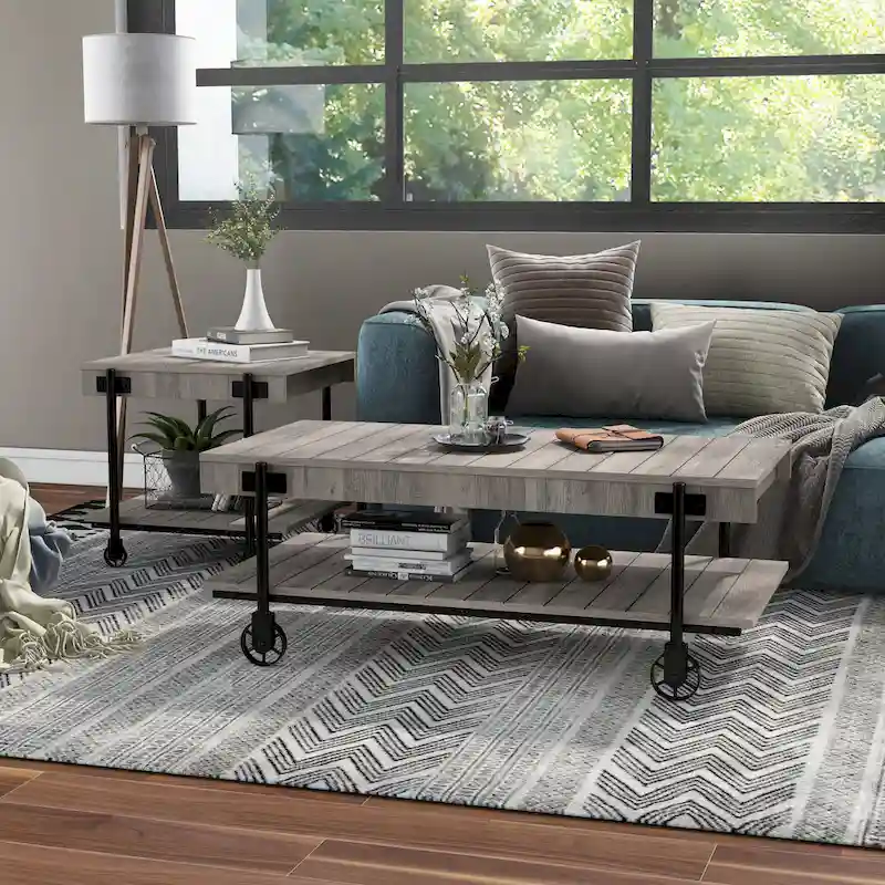 Farmhouse Steel 2-Piece Coffee Table Set with Shelf