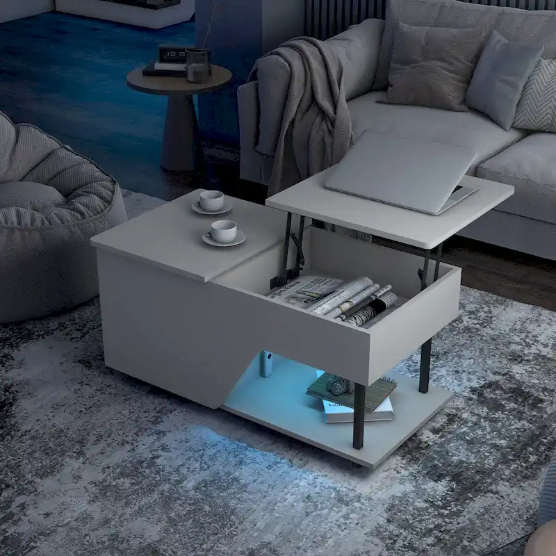 DH BASIC Modern 37-inch Lift-Top Coffee Table with 16 Colors LED Light and Adjustable Shelf