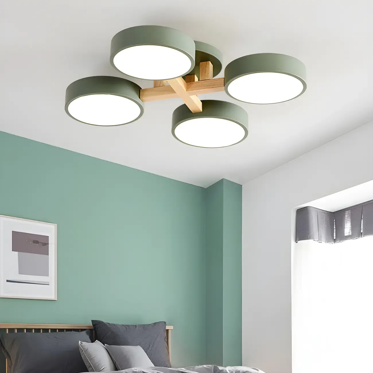 Green Drum Shade Semi Flush Ceiling Light 3-Gear Dimming