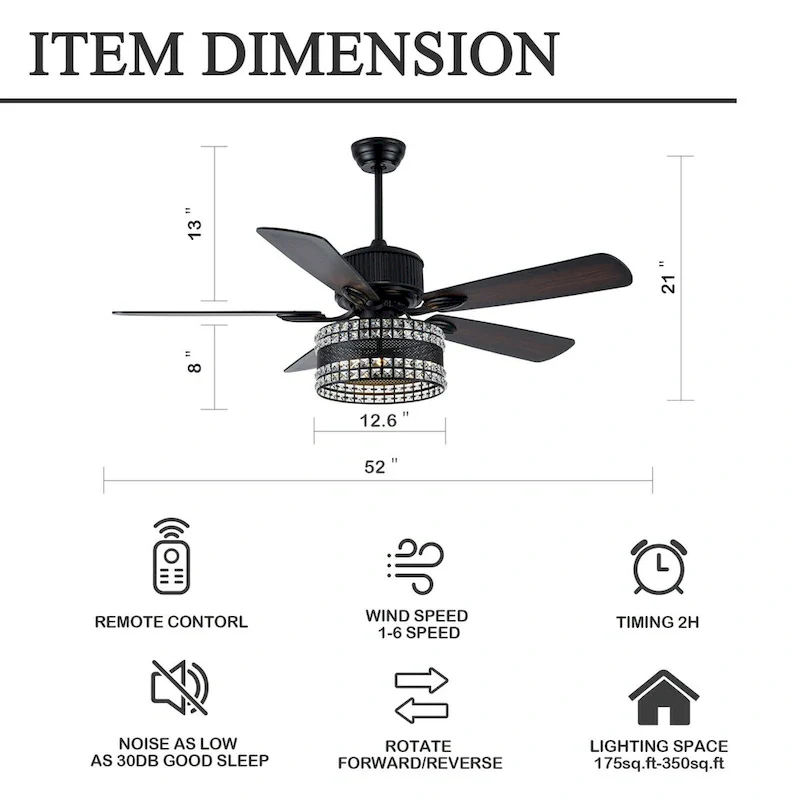 Oaks Aura Geneva 52in. Modern Classic Reversible Glam Crystal Ceiling Fan with Lights, 6-Speed Fan Lights with Remote - 52