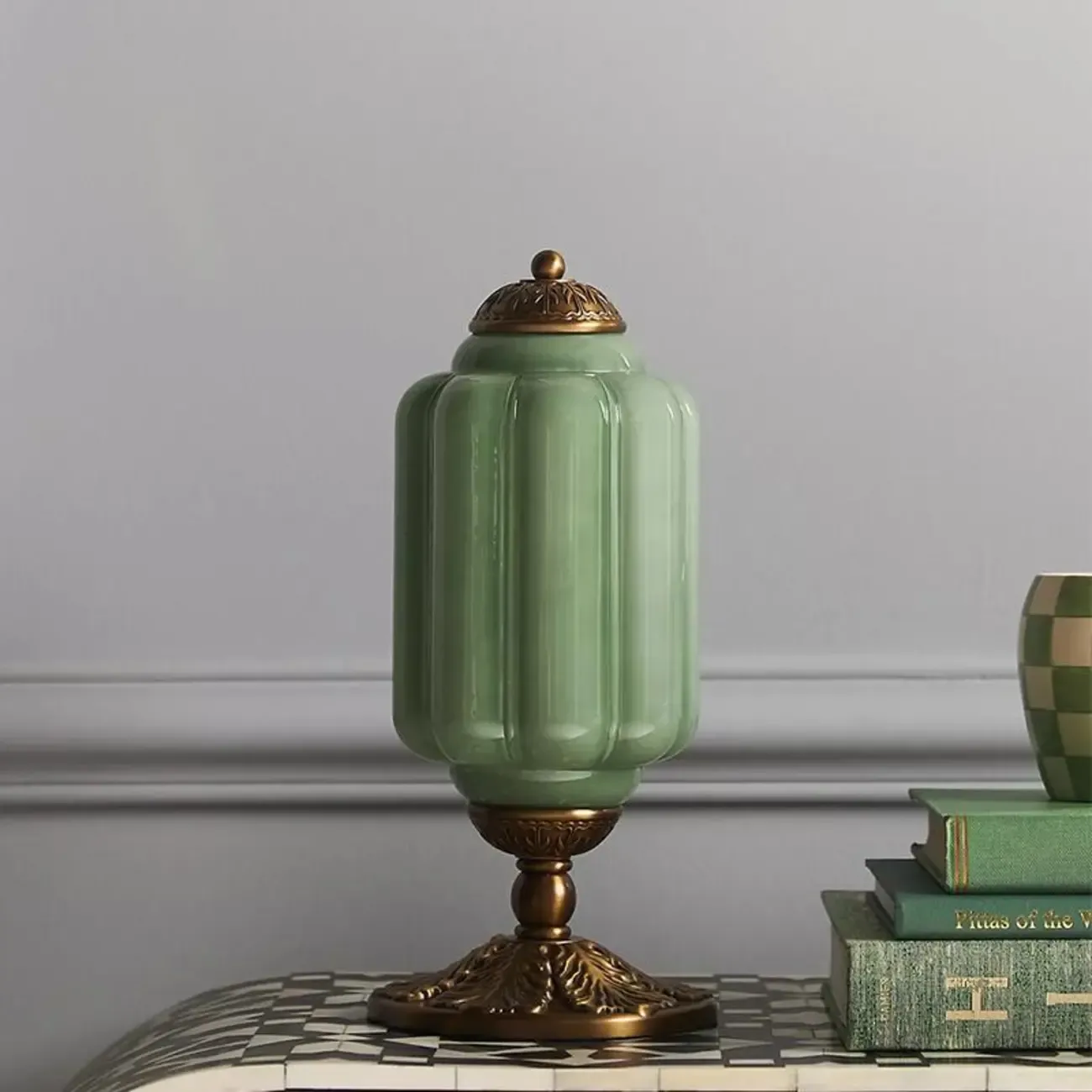 Vintage Green Elegant Glass Table Lamp with Brass Base