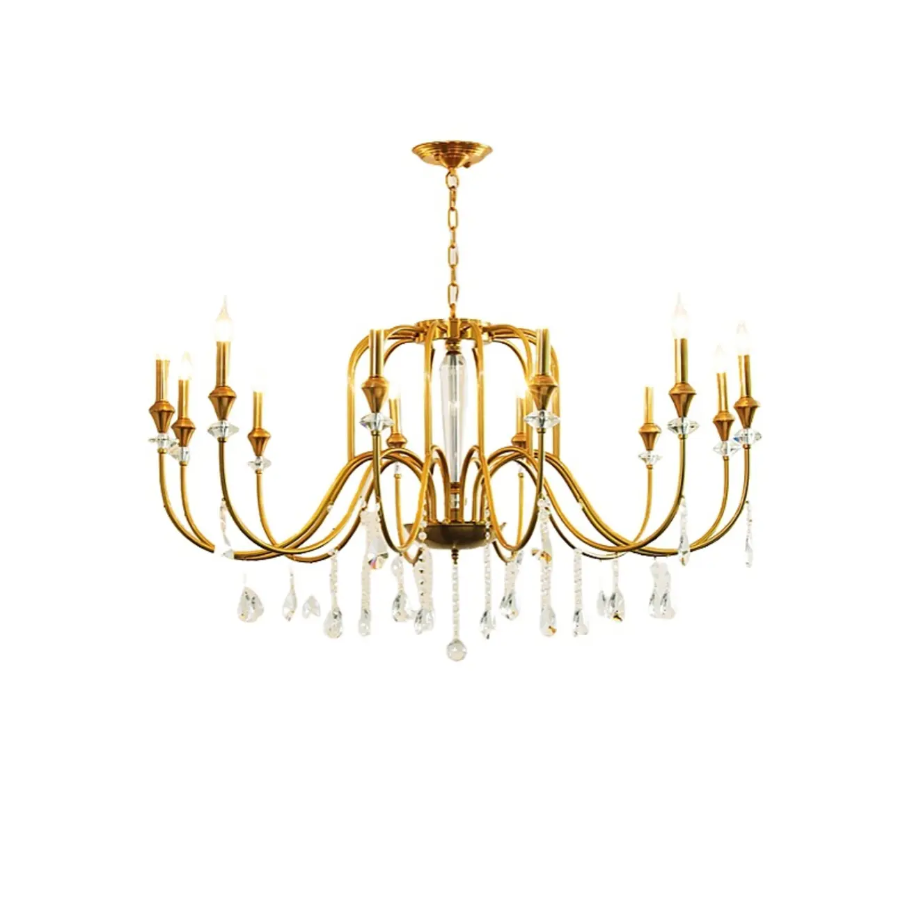 Mid-Century Modern Metallic Alloy Candle Chandelier with Crystal
