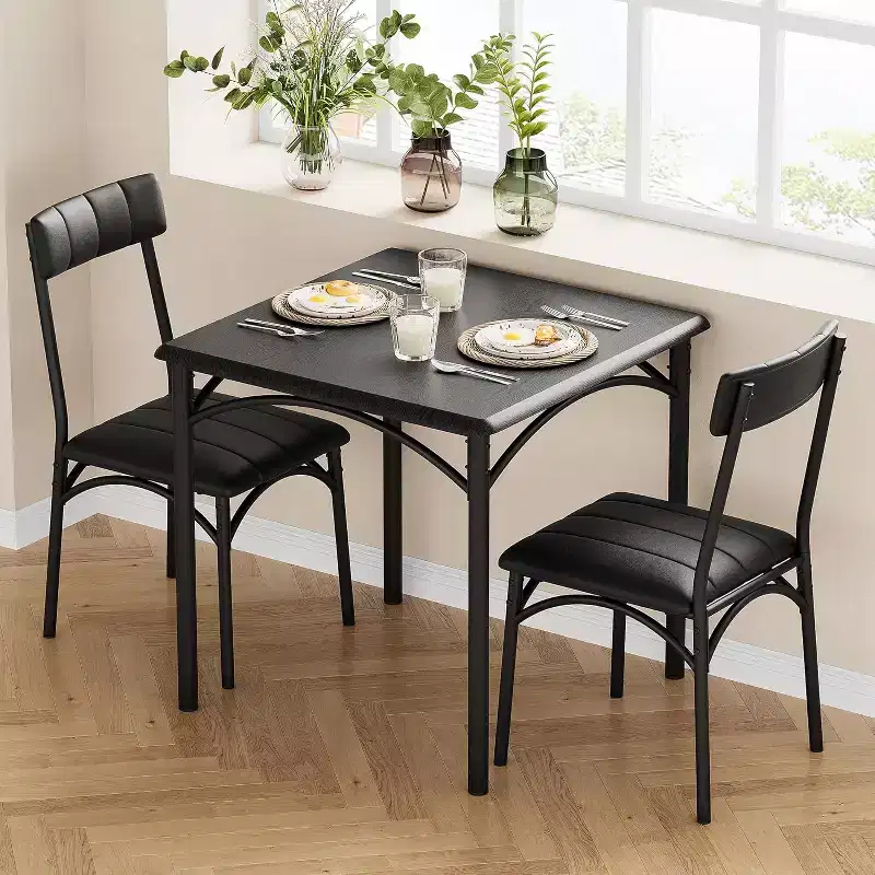 Modern Rustic Square Dining Set, 29.2' L x W 30.1' H Table, 33.7' 18.4' 17' Chairs, 2 Person, Metal & MDF, Easy Assembly, Space-Saving