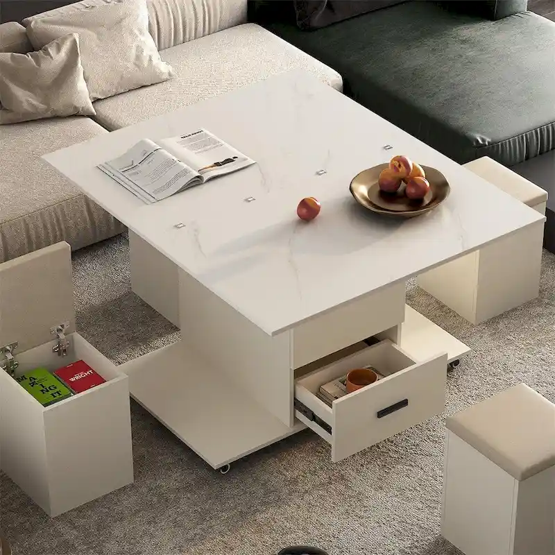 Modern Lift-Up Coffee Table with 4 Stools and 2 Drawers
