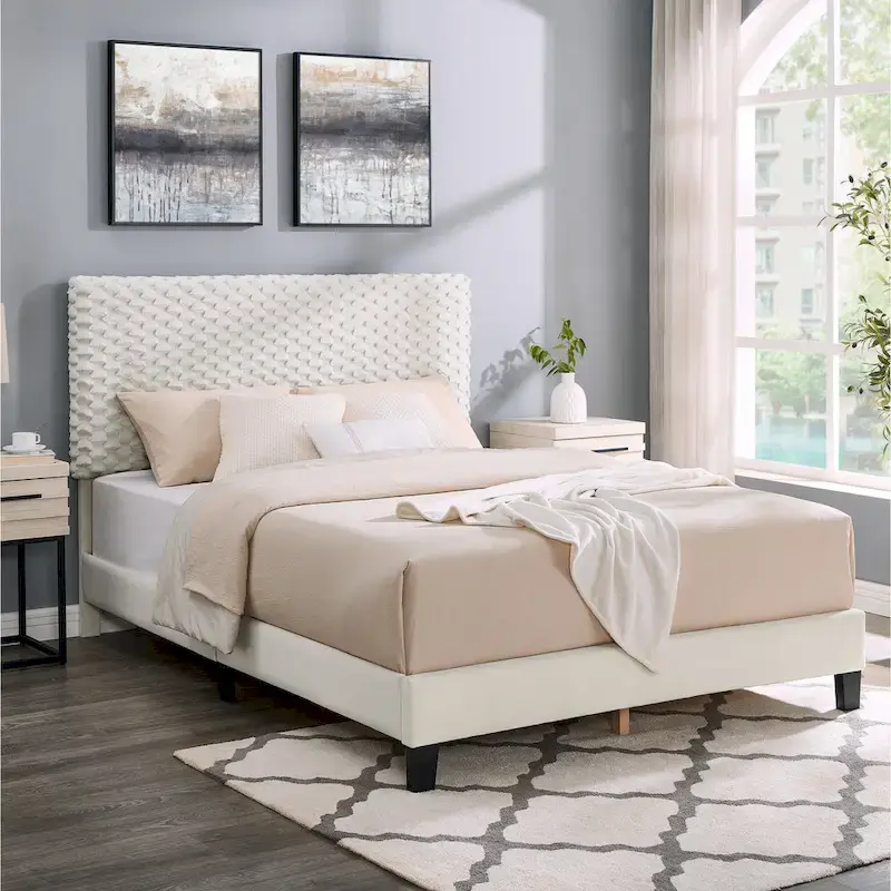 Full Platform Bed with Adjustable Headboard, Dove Fabric