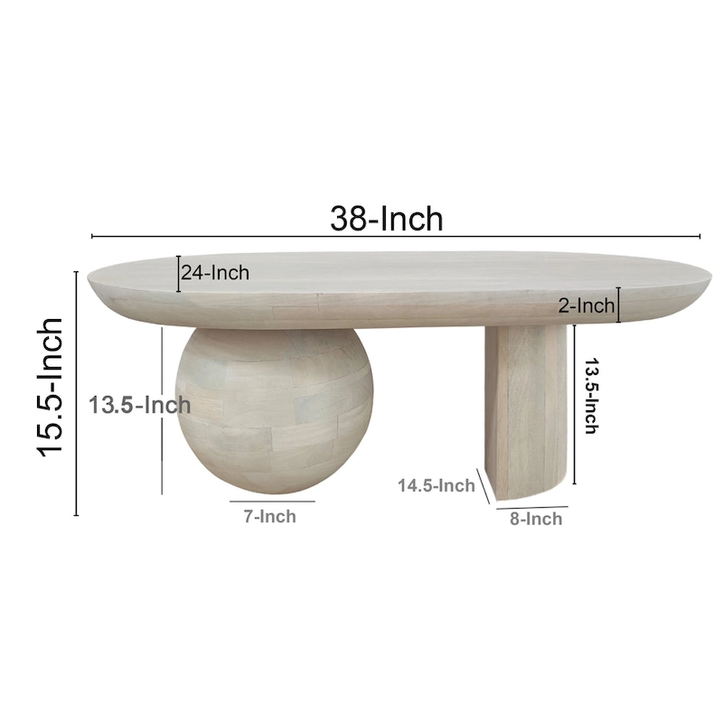 38 Inch Coffee Table, Oblong Mango Wood Top with a Modern Ball Leg