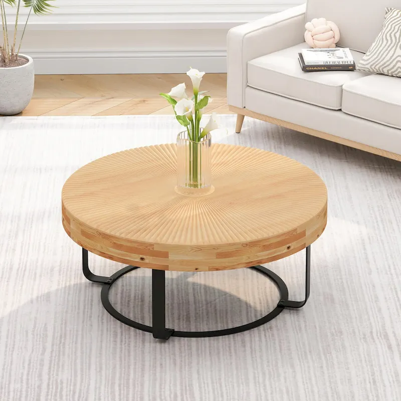 Modern Round Coffee Table with Wooden Carving Pattern and Metal Legs