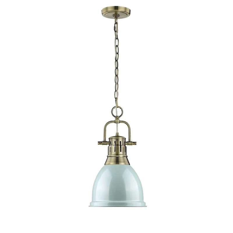 Golden Lighting Duncan Aged Brass Small Pendant With Seafoam Shade and Chain