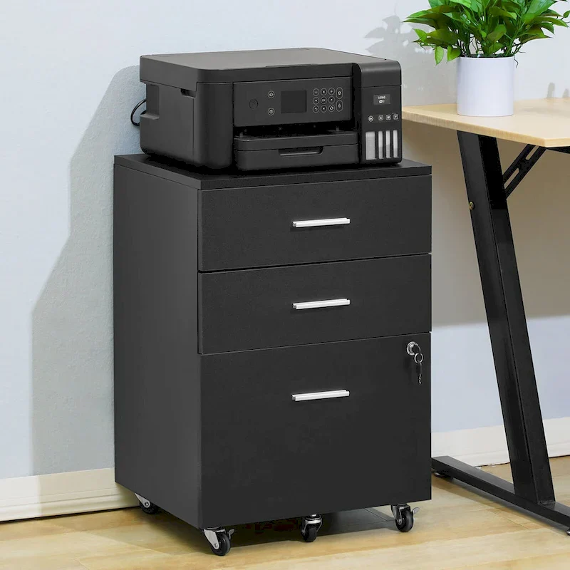 3-Drawer Locking Filing Cabinet with 5 Swivel Wheels and Adjustable File Hangers