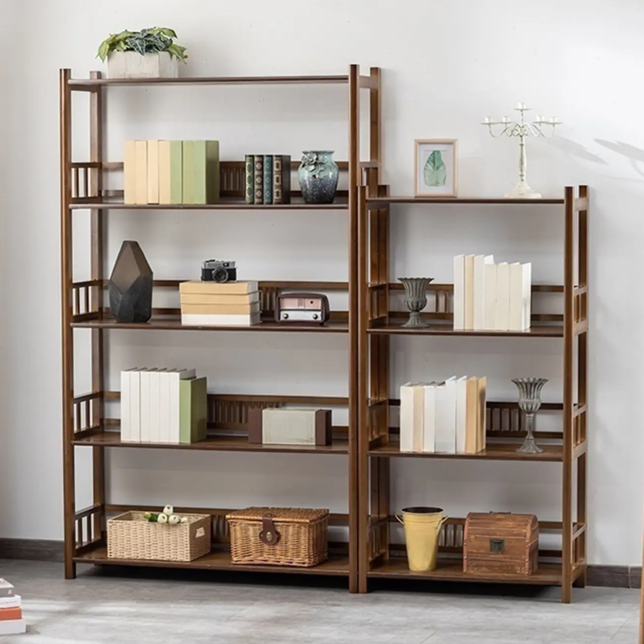Vertical Modern 4-Tier Open Back Brown Wood Bookcase