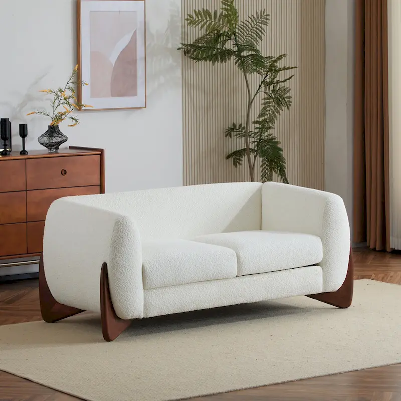63" Boucle Loveseat, Rounded, Birch Wood Legs, White/Olive/Caramel/Navy/Almond, Seats 2