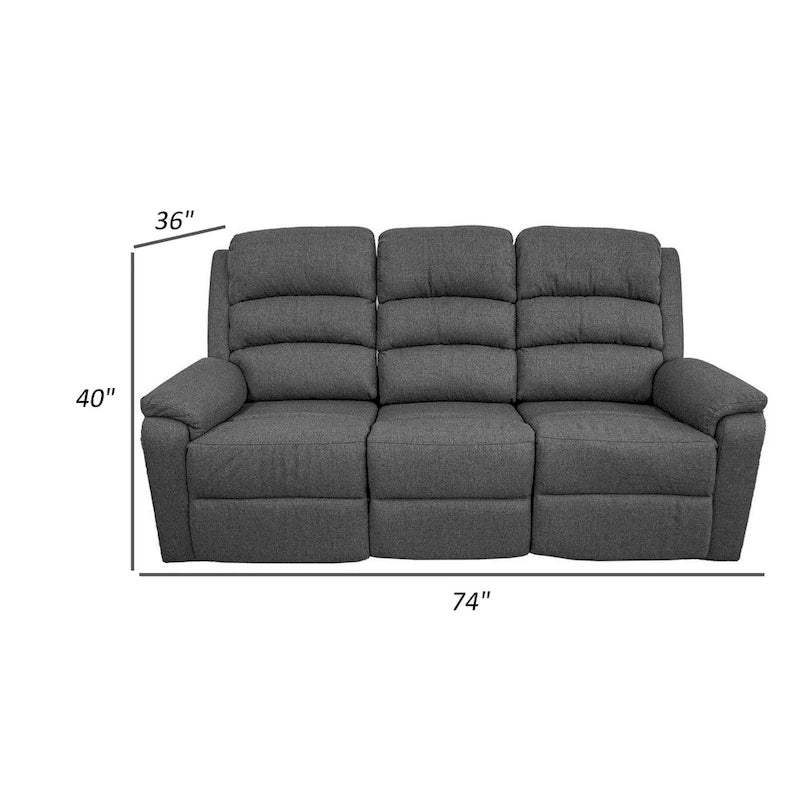 Fery 74 Inch Manual Recliner Sofa, 3 Seater, Gray Burlap Upholstery, Wood