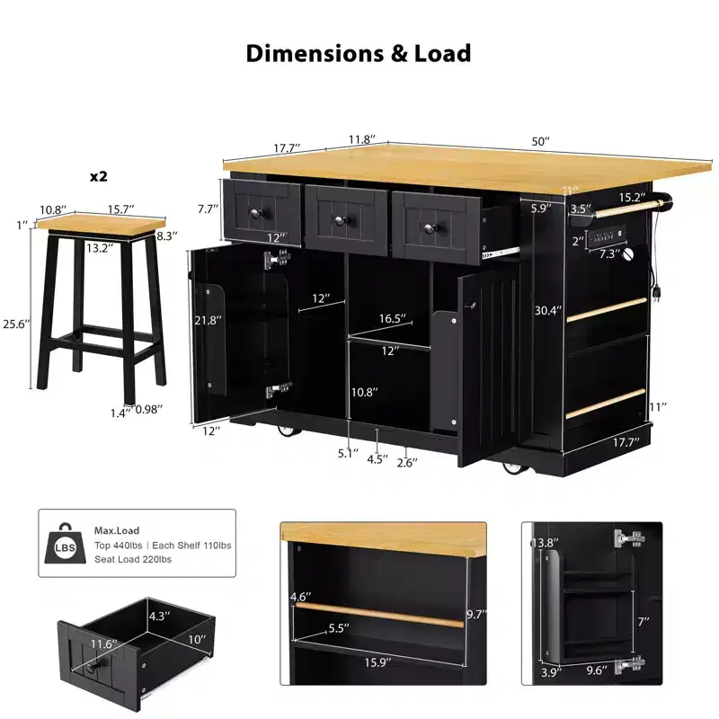 Large Kitchen Island with 2 Bar Stools and Power Outlet, Kitchen Storage Cart on 5 Wheels with Drop Leaf