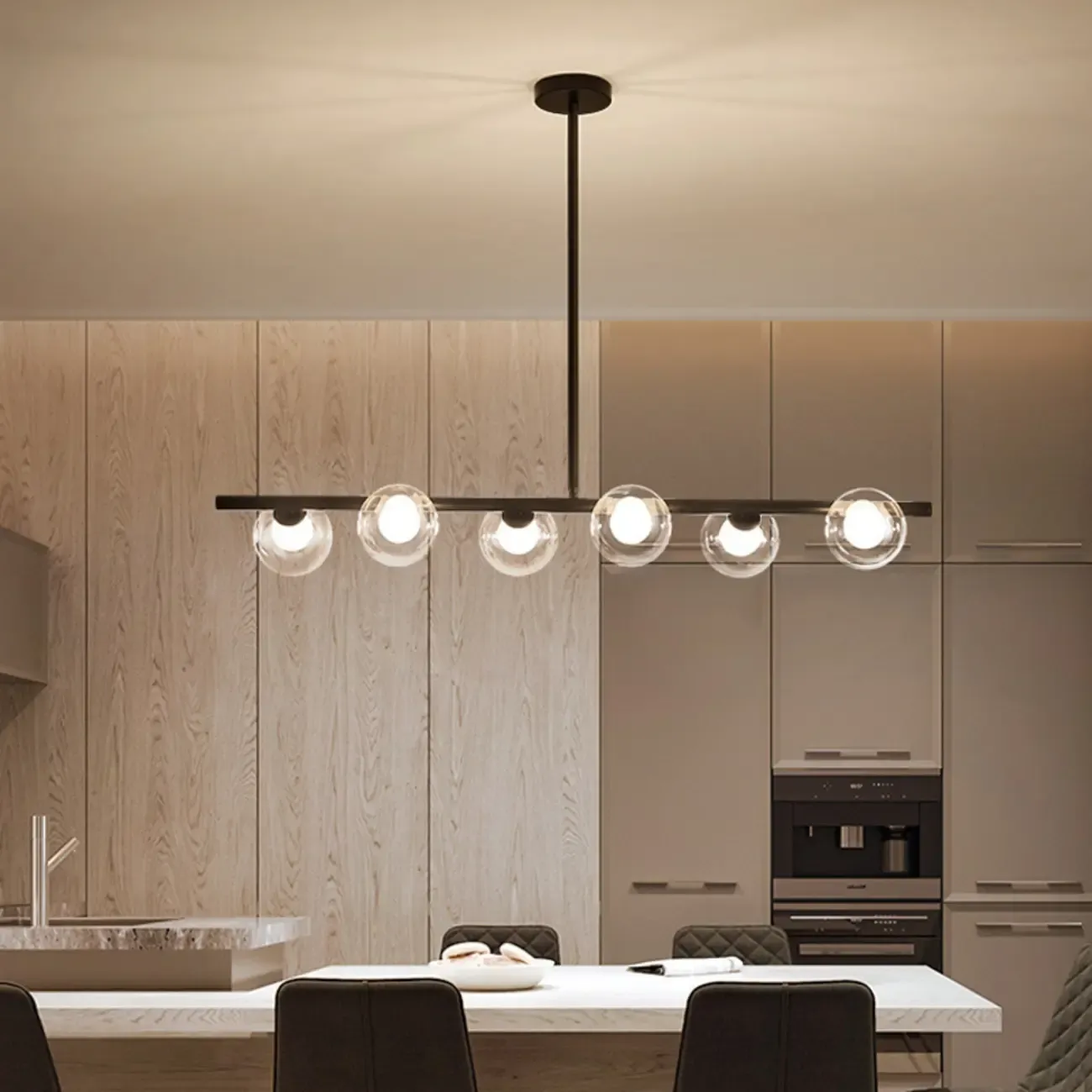 Gold Linear Island Light with 6 Lights Transparent Glass Globe Shades