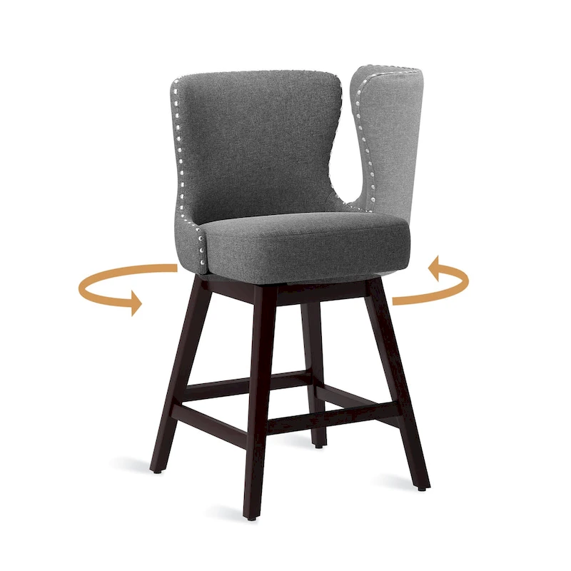 LUE BONA 26 in. Mid-Century Modern Wood Frame Swivel Bar Stools with Faux Leather and Linen Upholstered SeatSet of 4