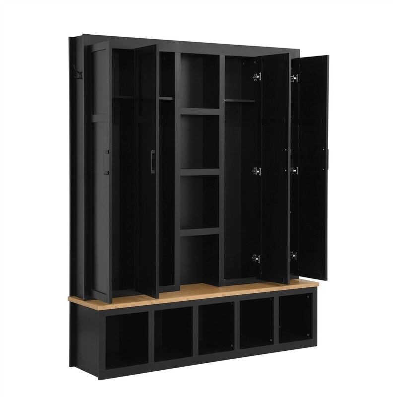 Farmhouse 4-in-1 Hall Tree with Open Display Shelves, Mudroom Shoe Bench with Open Compartments, Entryway Coat Rack with 6 Hooks