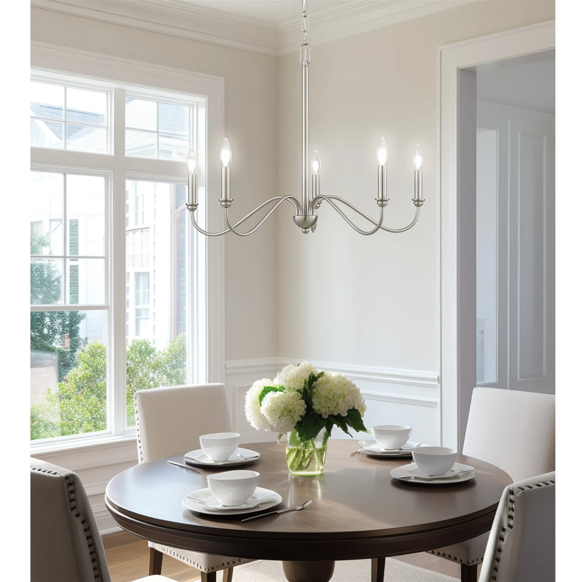 Kira Home Archer 28 5-Light Large Modern Chandelier + Curved Arms, Adjustable Hanging Height, Brushed Nickel Finish