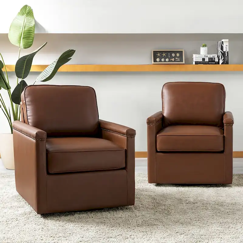 Rita Classic Genuine Leather Swivel Armchair With Nailhead Trims Set Of 2 By HULALA HOME