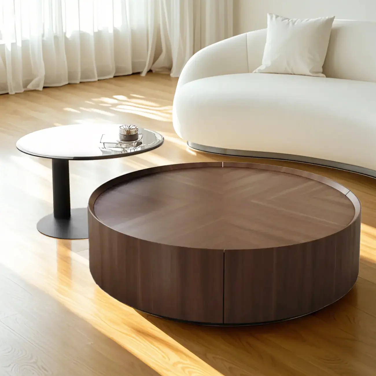 Brown Nesting Tray Wooden Round Coffee Table with 2 Drawers