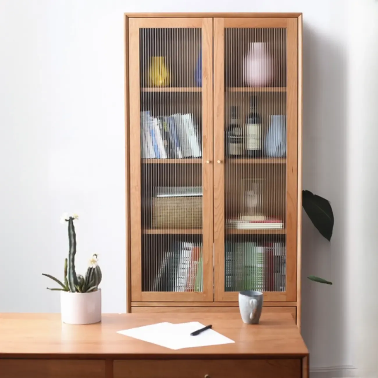 Narrow Modern Natural Wood 2-Drawer Bookcase
