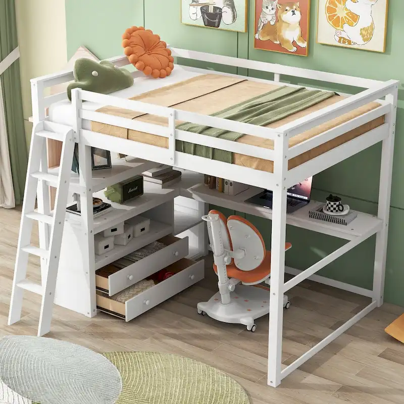 Loft Bed with Desk and Shelves, Two Built-in Drawers