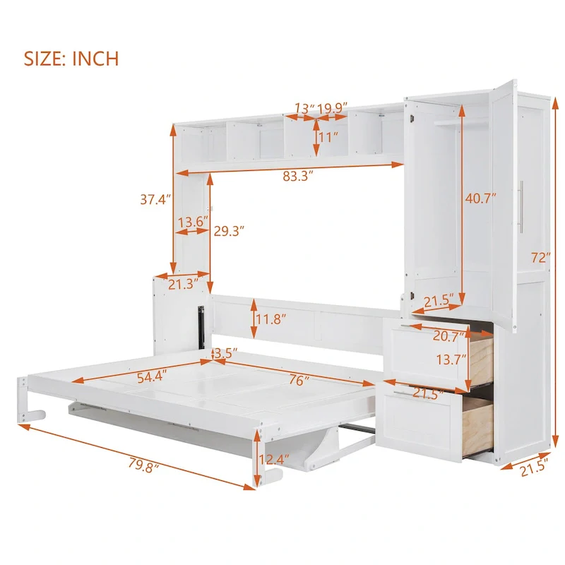 White Full Size Murphy Bed with Built-in Shelf and Drawers