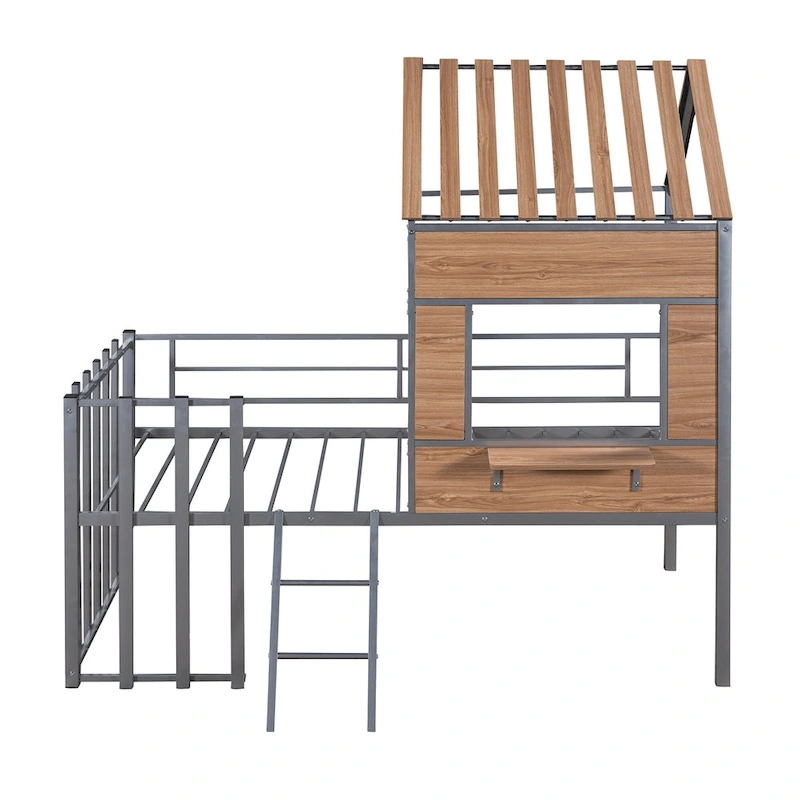 Silver Twin Metal Loft Bed with Roof, Window & Ladder