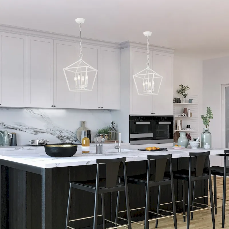 Renzo 12 in. 4-Light Farmhouse White Pendant Light with Caged Metal Shade - N/A